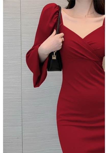 Kadın Uzun Kollu Kalp Yakalı Midi Ithal Krep Elbise fiyatları