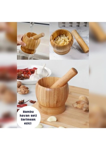 Ahşap Bambu Havan Büyük Boy Sarımsak Ezeceği Sarımsak Döveceği