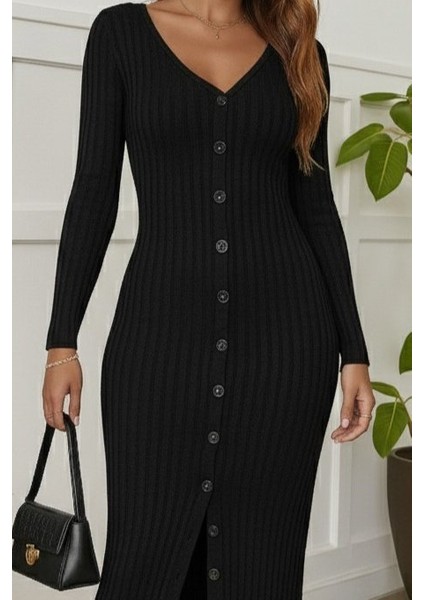 Kadın Uzun Kollu V Yakalı Önden Düğmeli Şardonlu Kaşkorse Elbise fiyatları