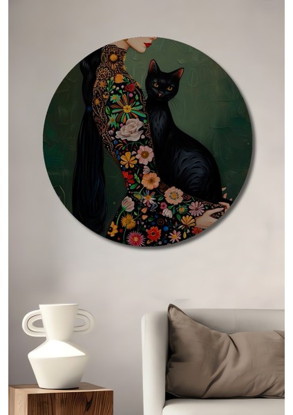 Çiçekli Kadın ve Siyah Kedi Ahşap Mdf Dekoratif Işyeri Duvar Tablo Yuvarlak Işyeri Duvar Tablo