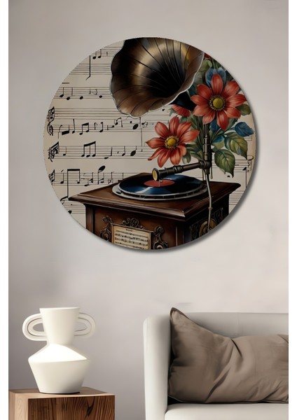 Retro Gramofon ve Çiçekli Ahşap Mdf Dekoratif Ev/işyeri Duvar Tablo Yuvarlak Ev/işyeri Duvar Tablo