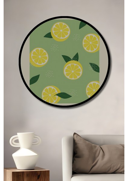 Çerçeve Görünümlü Limon Desenli Dekoratif Ahşap Mdf Ev Duvar Tablo Yuvarlak Ev Duvar Tablo