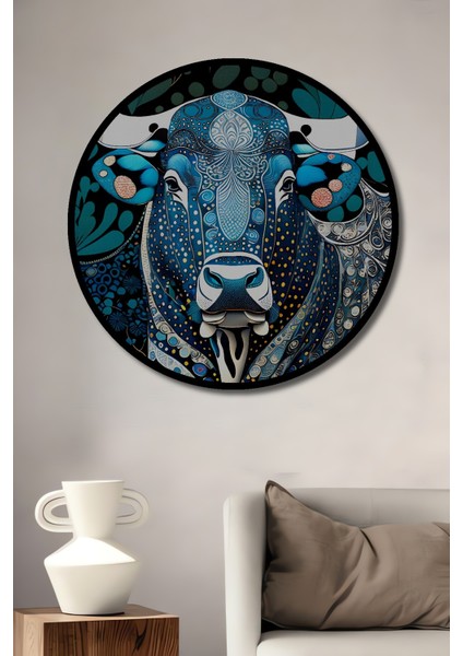 Çerçeve Görünümlü Mavi Boğa Soyut Dekoratif Ahşap Mdf Ev Duvar Tablo Yuvarlak Ev Duvar Tablo