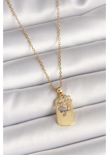 316L Çelik Gold Renk Zincir Zirkon Taşlı Yonca Model Kadın Kolye