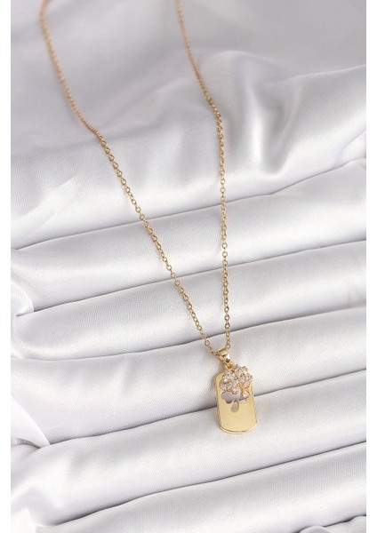 316L Çelik Gold Renk Zincir Zirkon Taşlı Yonca Model Kadın Kolye fiyatları