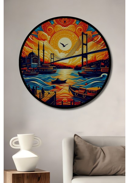 Çerçeve Görünümlü Istanbul Boğazı Dekoratif Ahşap Mdf Ev Duvar Tablo Yuvarlak Ev Duvar Tablo