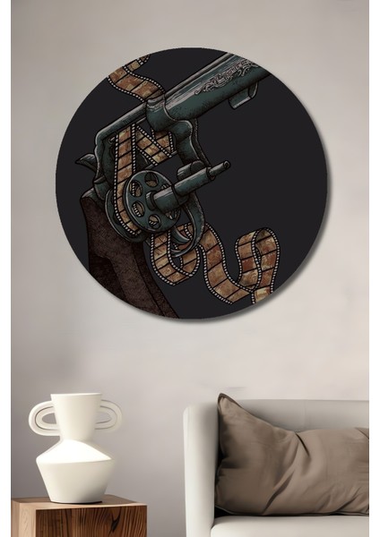 Sinema ve Revolver Dekoratif Ahşap Mdf Ev/işyeri Duvar Tablo Yuvarlak Ev/işyeri Duvar Tablo