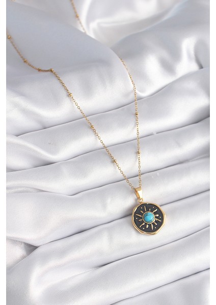 316L Çelik Gold Renk Mavi Boncuk Güneş Işleme Madalyon Model Kadın Kolye fiyatları