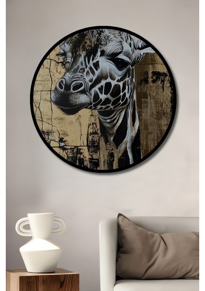 Çerçeve Görünümlü Zarif Zürafa Dekoratif Ahşap Mdf Işyeri Duvar Tablo Yuvarlak Işyeri Duvar Tablo