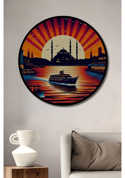 Çerçeve Görünümlü Istanbul Gün Batımı Ahşap Mdf Dekoratif Ev Duvar Tablo Yuvarlak Ev Duvar Tablo