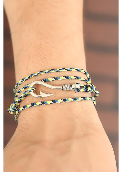 Sarı Mavi Çizgi Desenli Gümüş Renk Metal Kancalı Erkek Bileklik fiyatları