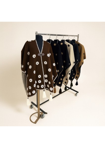 Akmoda Kalın Kışlık Triko Uzun Panço