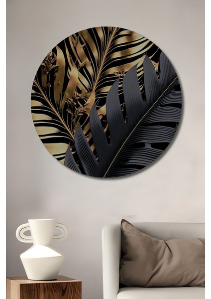Siyah Altın Tropikal Yapraklar Dekoratif Ahşap Mdf Tablo Yuvarlak Tablo