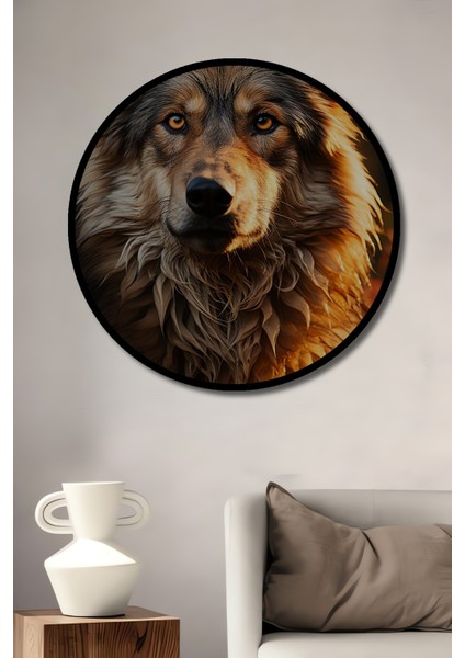 Çerçeve Görünümlü Kurt Portresi Dekoratif Ahşap Mdf Ev Duvar Tablo Yuvarlak Ev Duvar Tablo