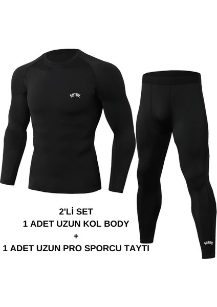 2'li Siyah Body + Uzun Pro Tayt-Spor -Fitness-Gym-Koşu-Futbol-Antrenman Alt Üst 2'li Set
