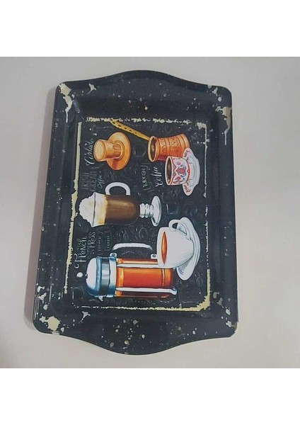 Küçük Coffee Desenli Metal Tepsi Genişlik 15,7cm Uzunluk 24,5cm 1 Adet