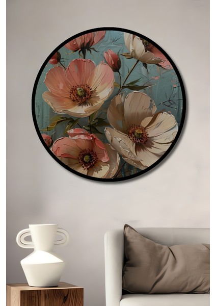 Çerçeve Görünümlü Çiçekli Bahar Ahşap Mdf Dekoratif Ev Duvar Tablo Yuvarlak Ev Duvar Tablo