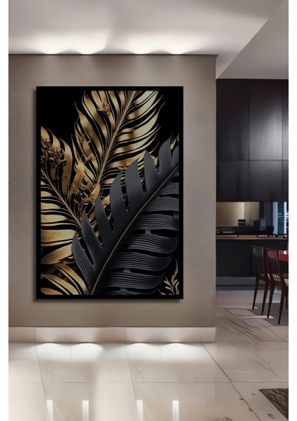 Çerçeve Görünümlü Siyah Altın Tropikal Yapraklar Dekoratif Ahşap Mdf Tablo Dikdörtgen Tablo