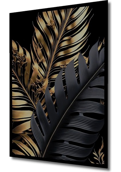 Çerçeve Görünümlü Siyah Altın Tropikal Yapraklar Dekoratif Ahşap Mdf Tablo Dikdörtgen Tablo fiyatları
