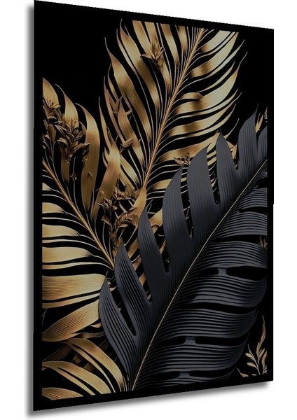 Çerçeve Görünümlü Siyah Altın Tropikal Yapraklar Dekoratif Ahşap Mdf Tablo Dikdörtgen Tablo modelleri