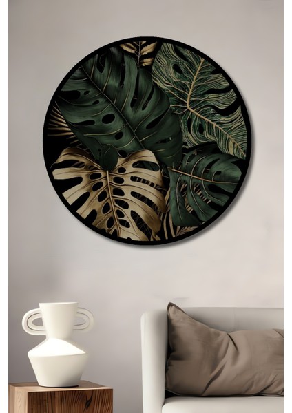Çerçeve Görünümlü Tropikal Yapraklar Ahşap Mdf Dekoratif Ev Duvar Tablo Yuvarlak Ev Duvar Tablo
