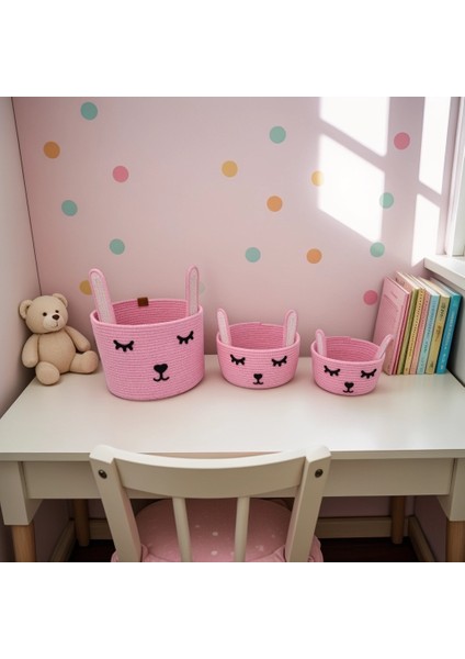 Tavşan Figürlü Üçlü Örgü Sepet Seti - Oyuncak Sepeti - Bebek Odası Sepet - Düzenleyici - Organizer
