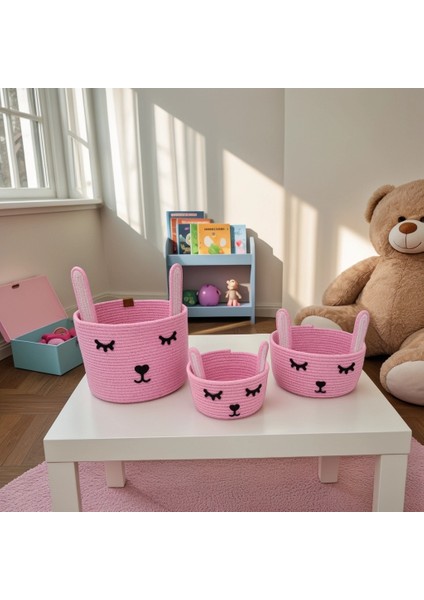Tavşan Figürlü Üçlü Örgü Sepet Seti - Oyuncak Sepeti - Bebek Odası Sepet - Düzenleyici - Organizer modelleri