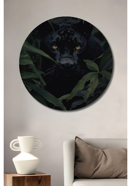 Vahşi Siyah Panter Ahşap Mdf Dekoratif Ev/işyeri Duvar Tablo Yuvarlak Ev/işyeri Duvar Tablo