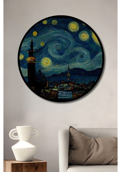 Çerçeve Görünümlü Van Gogh Yıldızlı Gece Istanbul Dekoratif Ahşap Mdf Tablo Yuvarlak Tablo