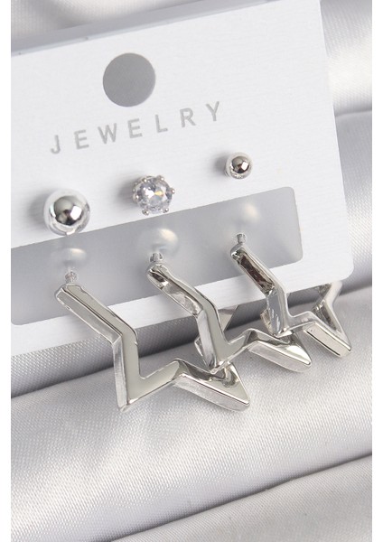 Pirinç Gold Renk Yıldız Model Zirkon Taşlı Topçuk Detay Kadın Küpe Seti