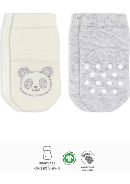 Hayvan Figürlü Kaymaz Soket Çorap 2'li Gri Ekru