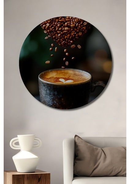 Kalp Şeklinde Kahve Çekirdekleri Ahşap Mdf Dekoratif Tablo Yuvarlak Tablo