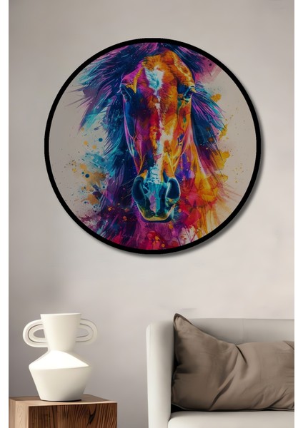Çerçeve Görünümlü Renkli At Sanatı Dekoratif Ahşap Mdf Ev Duvar Tablo Yuvarlak Ev Duvar Tablo