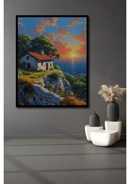 Çerçeve Görünümlü Deniz Kıyısında Gün Batımı Ahşap Mdf Dekoratif Tablo Dikdörtgen Tablo