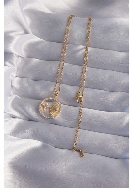 316L Çelik Zincir Gold Renk Zirkon Taşlı Yıldız Figürlü Oval Kolye fiyatları