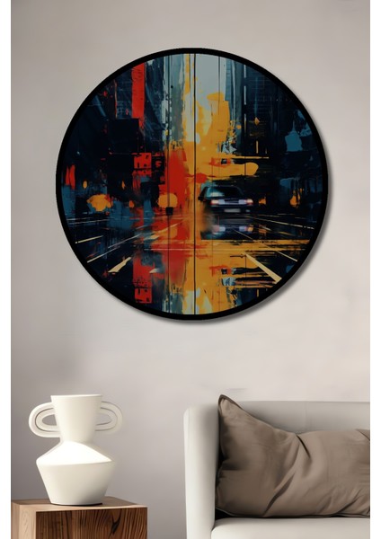 Çerçeve Görünümlü Gece Şehri Soyut Ahşap Mdf Dekoratif Ev Duvar Tablo Yuvarlak Ev Duvar Tablo
