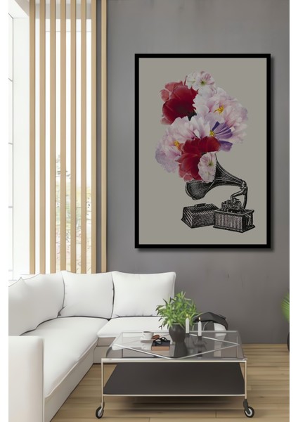 Çerçeve Görünümlü Çiçekli Nostaljik Gramofon Ahşap Mdf Dekoratif Tablo Dikdörtgen Tablo