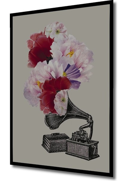 Çerçeve Görünümlü Çiçekli Nostaljik Gramofon Ahşap Mdf Dekoratif Tablo Dikdörtgen Tablo fiyatları