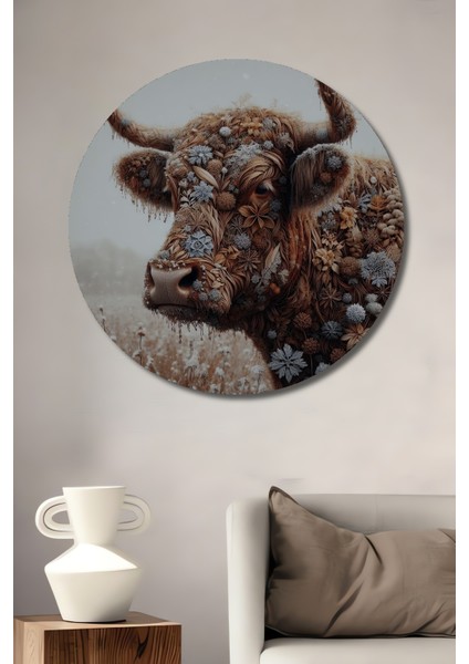 Çiçekli Boğa Dekoratif Ahşap Mdf Ev/işyeri Duvar Tablo Yuvarlak Ev/işyeri Duvar Tablo