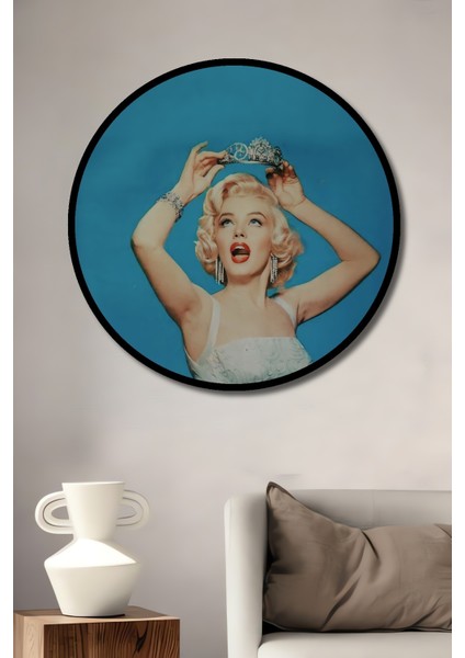 Çerçeve Görünümlü Marilyn Monroe Taçlı Ahşap Mdf Dekoratif Ev Duvar Tablo Yuvarlak Ev Duvar Tablo