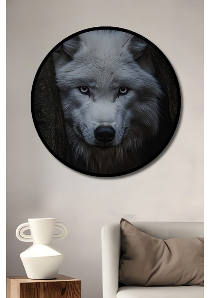Çerçeve Görünümlü Beyaz Kurt Ahşap Mdf Dekoratif Işyeri Duvar Tablo Yuvarlak Işyeri Duvar Tablo