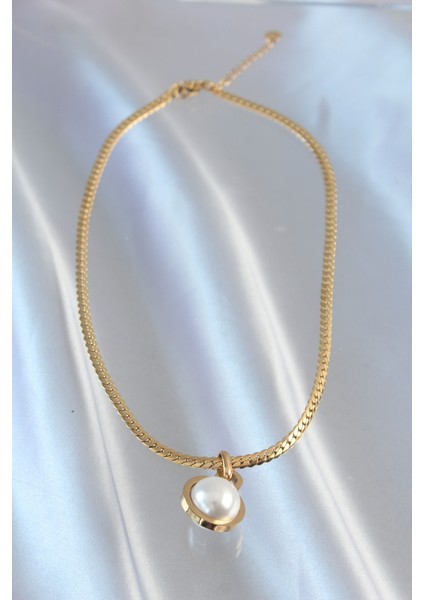 316L Çelik Gold Renk Yassı Zincir Inci Taşlı Kolye modelleri