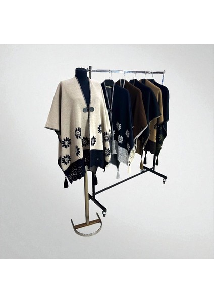 Akmoda Kalın Kışlık Triko Uzun Panço