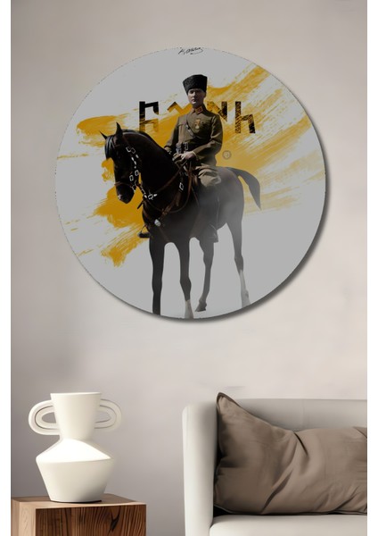 Atatürk At Üzerinde Dekoratif Ahşap Mdf Ev/işyeri Duvar Tablo Yuvarlak Ev/işyeri Duvar Tablo
