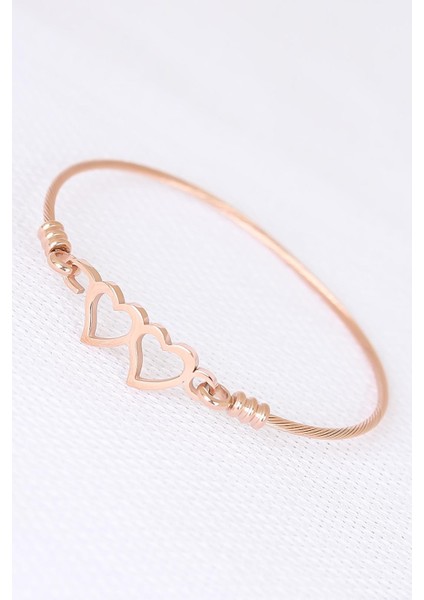 Rose Çelik Çift Kalp Figürlü Erkek Kelepçe Bileklik