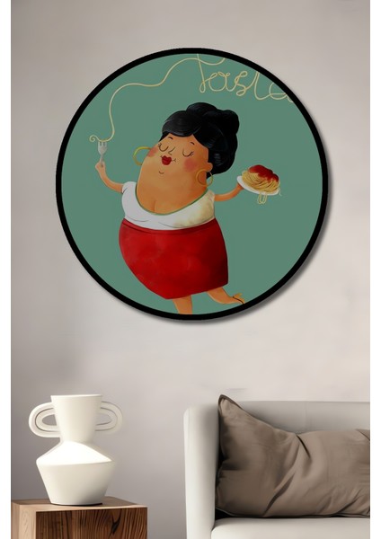 Çerçeve Görünümlü Neşeli Makarna Şefi Dekoratif Ahşap Mdf Ev Duvar Tablo Yuvarlak Ev Duvar Tablo