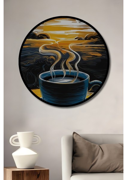 Çerçeve Görünümlü Gün Doğumu ve Kahve Dekoratif Ahşap Mdf Ev Duvar Tablo Yuvarlak Ev Duvar Tablo