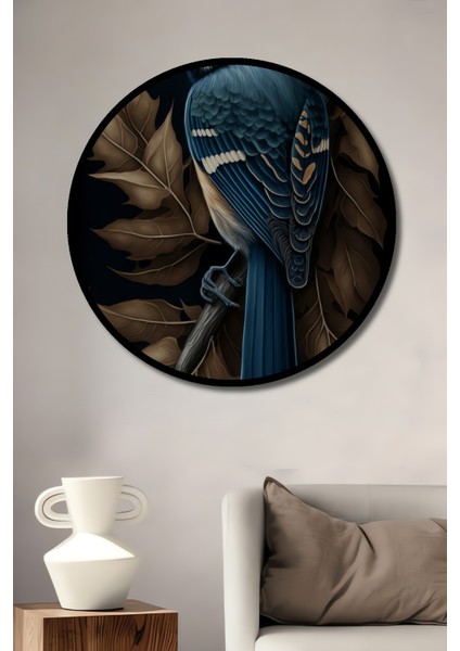 Çerçeve Görünümlü Mavi Saka Kuşu Dekoratif Ahşap Mdf Ev Duvar Tablo Yuvarlak Ev Duvar Tablo
