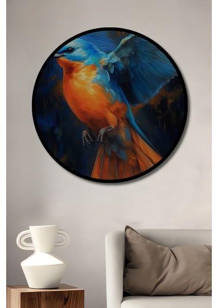 Çerçeve Görünümlü Mavi Turuncu Kuş Dekoratif Ahşap Mdf Ev Duvar Tablo Yuvarlak Ev Duvar Tablo