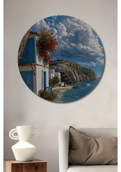 Deniz Kenarında Beyaz Evler Ahşap Mdf Dekoratif Işyeri Duvar Tablo Yuvarlak Işyeri Duvar Tablo